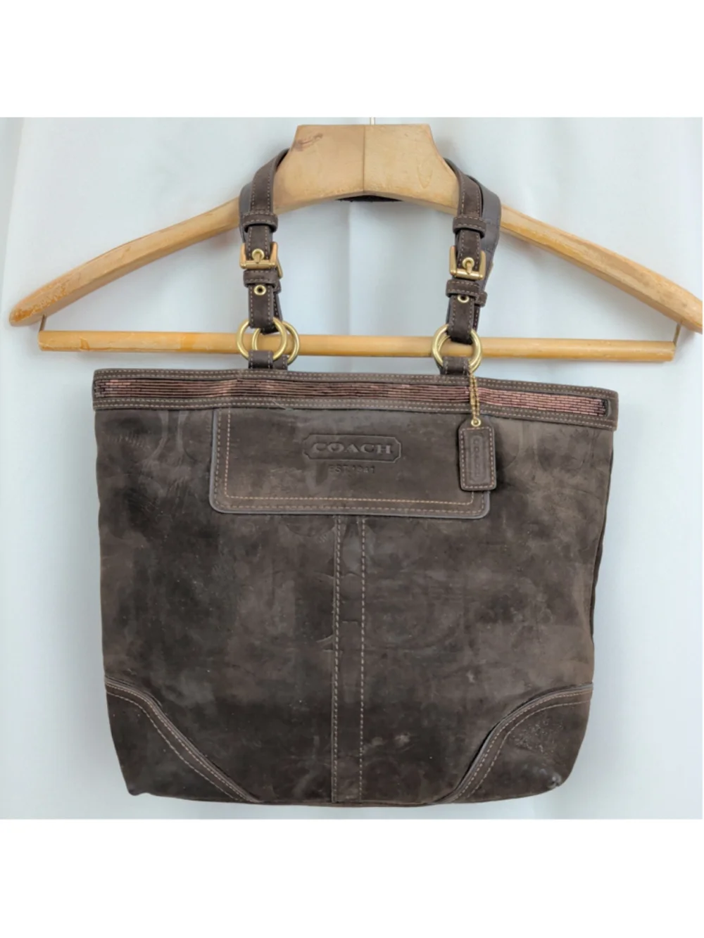 Coach Brown Logo Leather Beaded Tote Style Purse